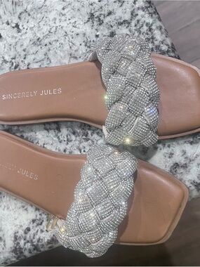 Sincerly Jules Silver Crystal Braided Slide Sandals with Tan Footbed
